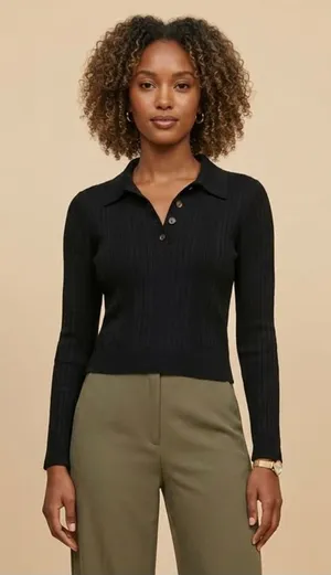 REFORMATION | Black Hermia Regenerative Merino Ribbed Polo Knit Sweater Sz M thumbnail 1