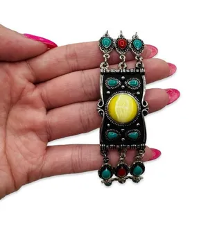 Boho Southwestern Multi-Stone Statement Bracelet Yellow Cabochon Silver Tone thumbnail 1