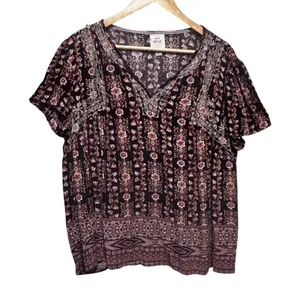 Knox Rose Women Boho Cottage Blouse XXL Maroon Floral Embroidered Peasant Top thumbnail 1