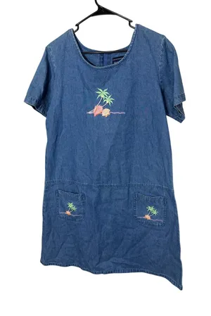 Blue‎ J Vintage Denim Shift Dress Large Tropical Palm Tree Shell Embroidery L thumbnail 1