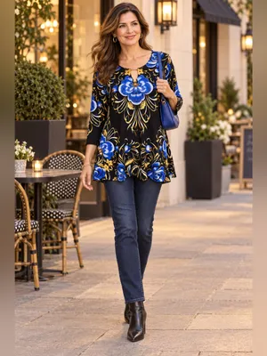 JM Collection Floral Rhinestone Keyhole Tunic Top M Black Blue Gold Floral Glam thumbnail 9