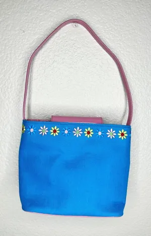 Ralph Shoulder Bag Womens Small Blue Canvas Pink Leather Floral Embroidery thumbnail 1