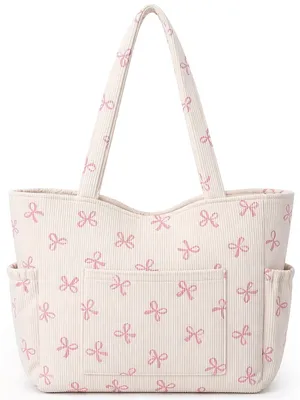 Cream Tote Bag with Pink Bow Print for Women W thumbnail 1