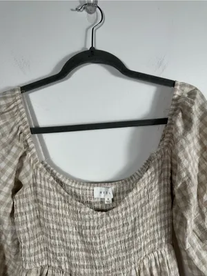 Anthropologie MABLE Gingham‎ Smocked Mini Dress Small Beige Babydoll Puff Sleeve Cotton thumbnail 4
