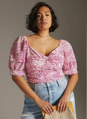 Maeve Anthropologie Tie-Back Printed Crop Top Floral Puff Sleeve Smocked Size L thumbnail 1