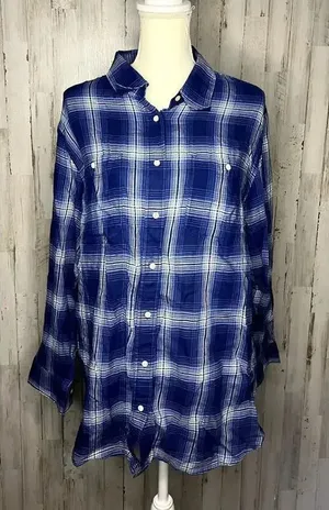 Ralph Lauren Women's 2XL‎ Blue & White Plaid Button-Up Shirt Long Sleeve thumbnail 1