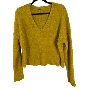 Free People Finders Keepers V Neck Moss Yellow Green Textured Crop Sweater Small thumbnail 6