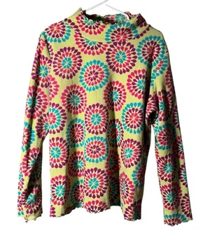 Hanna Andersson Women's Size Large Mock Neck‎ Fleece Sweatshirt Lime Green Geo thumbnail 1