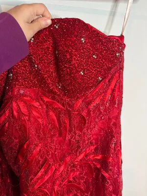 Vintage red lacy embellished beaded strapless gown thumbnail 2