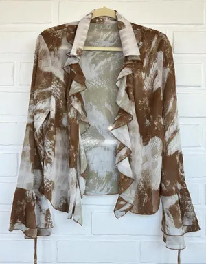 Commense Women's Large Brown Ruffled Modern Vintage-Infused Bell Sleeved Blouse thumbnail 1