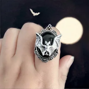 Bat Black Faux Gemstone Open Finger Adjustable Ring‎ Silver Plated Faux Fashion thumbnail 2