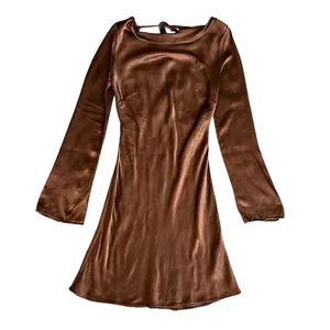 By Anthropologie Women’s Long Bell Sleeve Cowl Neck Satin Brown Mini Dress XS thumbnail 2