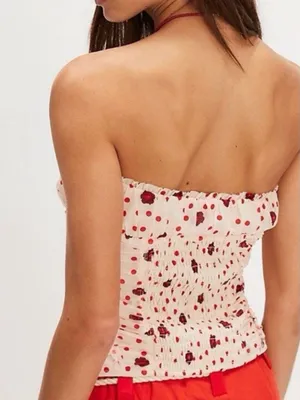 Free People Cream Scottie Printed Tube Sleeveless Top Stretchy Sz L BarbieCore thumbnail 2