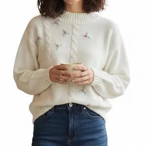 Vintage White Cable Knit Rosette Sweater Pink Mint Green Floral M Pastel Cottage thumbnail 1