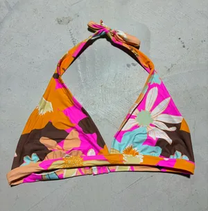 aerie Floral Halter Bikini Top in Pink, Orange & Brown XL thumbnail 1