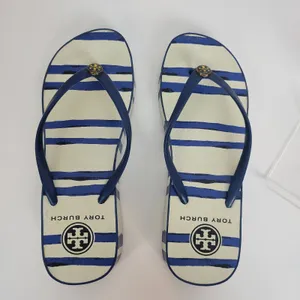 Tory Burch Womens Sandals Size 6.5 White and Blue Stripe‎ Slip On Heels thumbnail 5