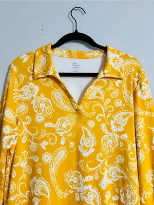 Kim Rogers Mustard Yellow Paisley Tunic Shirt Dress L Cotton Preppy Retro Mod thumbnail 3
