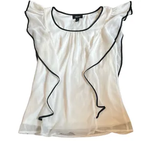 IZ‎ Byer EUC White Black Trim Flowy Ruffle Sleeve Blouse Sz S thumbnail 1