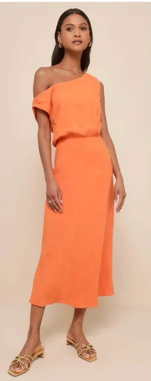 Lulus Casual Enchantment Orange Linen Off-the-Shoulder Midi Dress Size Medium thumbnail 1