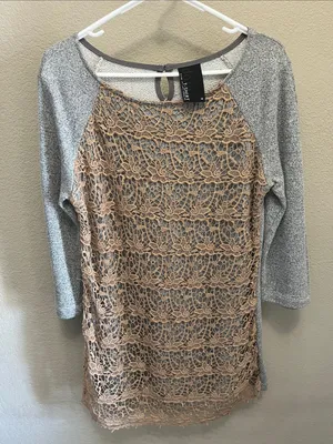dolan Beige Crochet-Front Long Sleeve Dress with Gray Raglan Sleeves thumbnail 1