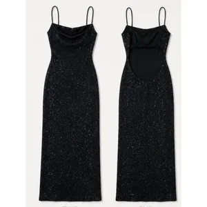 B. Darlin Black Rhinestone Glitter Bodycon Maxi Dress Spaghetti Strap Y2K Formal thumbnail 2