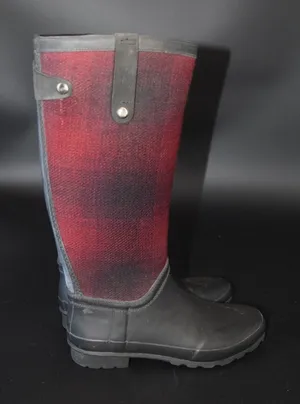 Woolrich Sebago Plaid Rain Boots Womens Red Black Buffalo Check Rubber Tall Sz10 thumbnail 1