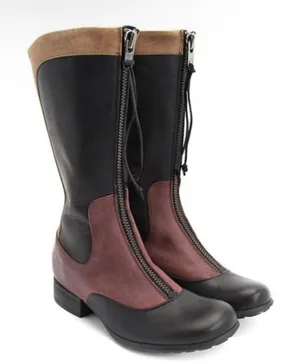 John Fluevog Encourage Kathryn Leather Tall Boots Black Burgundy‎ Yellow 8 GUC thumbnail 1