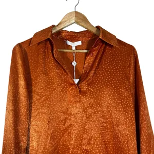 NWT WAYF Polka Dot Jacquard Mini Shift Dress Orange Boho Satin Split Cuff Size S thumbnail 2
