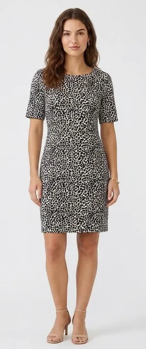 Talbots Womens 14 Animal Print Sheath Dress Short Sleeve Black White Knee Length thumbnail 1