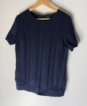 Brooks Brothers Navy Blue Cable Knit Short Sleeve Sweater Scallop Trim Large thumbnail 1