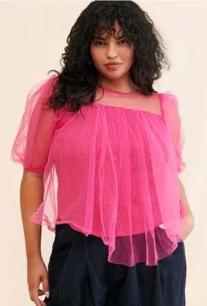 Anthropologie Sheer Mesh Tulle Puff Sleeve Blouse Top Hot Pink XL thumbnail 1