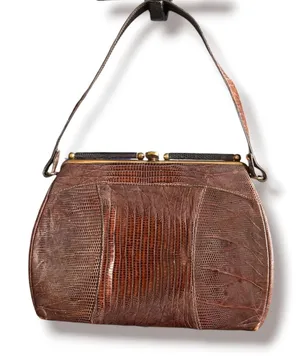 Vintage Brown Lizard Skin Print Frame Handbag Mid Century Exotic Top Handle thumbnail 1