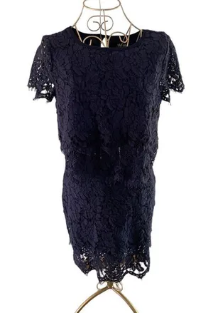 Lulus Turn Back Time Lace Two-Piece Crop Top Mini Skirt Set Small Navy thumbnail 1