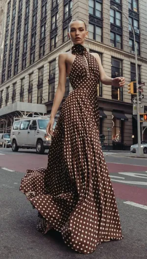 IEENA FOR MAC DUGGAL Size 2 Brown Polka Dot A-Line Halter Gown Rosette FLAWS thumbnail 1