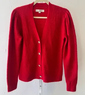 NWOT LOFT Rhinestone Buttons Relaxed‎ Fit Knit Cardigan Sweater Red Small thumbnail 1