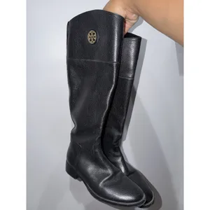 Tory Burch Black Riding Boots Pebbled Leather Sz 7 Gold‎ Detail thumbnail 2