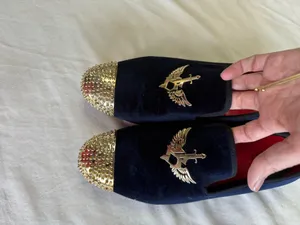 JITAI Men's Navy Blue Velvet Loafers - Gold Spiked Toe & Winged Sword Emblem - Size 10 thumbnail 3