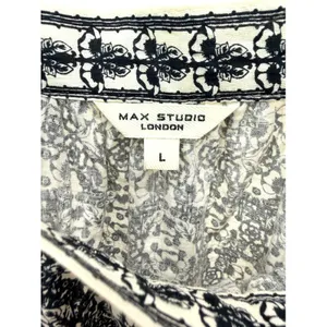 Max Studio Square Neck Puff Sleeve Blouse L Black White Floral Tile Medallion thumbnail 3
