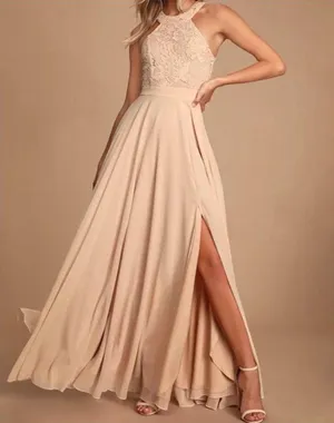 NWT Lulus Picture Perfect Blush Lace Halter Neck Side Slit Maxi Dress - Size: XL thumbnail 1