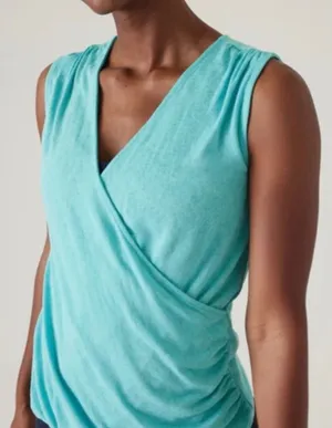 Athleta Breezy Wrap Tank Top Turquoise Blue Ruched V-Neck 988031 Large thumbnail 1