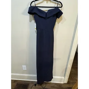 Eliza J Pleated Off Shoulder Gown Dress Size 4 $218 Navy Blue Crepe thumbnail 8
