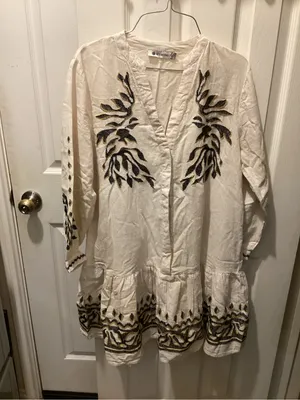 Cream Embroidered V-Neck Mini Dress with Black & Gold Motifs thumbnail 2