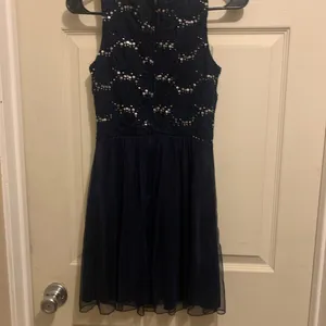 Navy blue sleeveless micro mini dress with sequins thumbnail 2