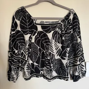 Cynthia Rowley Black White Leaf Print 100% Linen Blouse Crop Beach Size S thumbnail 1