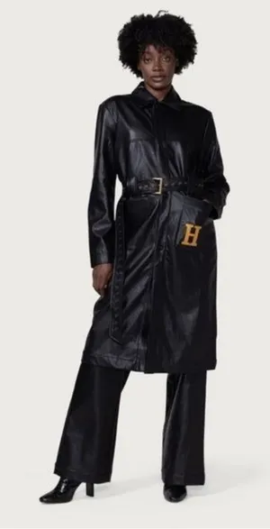NWT Honor The Gift Vegan Leather Belted Trench Coat S Black Oversized Logo thumbnail 1