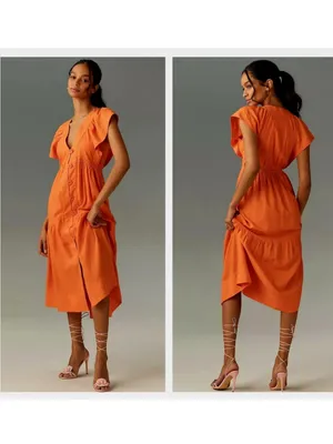 Reneé Flutter-Sleeve Linen Button-Front Midi Dress Pockets Orange Size Medium thumbnail 2