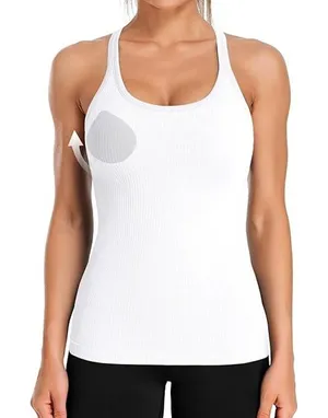 NWT ~ Women's White Ribbed Racerback Tank Top with Built In Bra ~ Ladies LARGE thumbnail 1