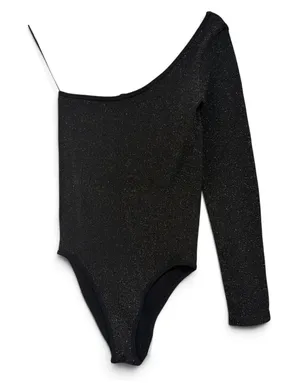 Zara Womens Black Shimmer Metallic One edgy Shoulder Ribbed Bodysuit XS NWOT thumbnail 1