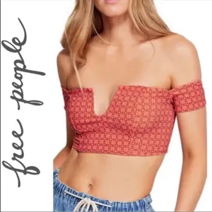 Free People Coral Pink Off The Shoulder Notch V-Neck Crop Top Geometric Boho SM thumbnail 2