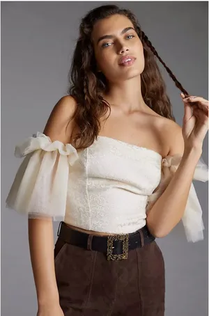 Anthropologie Sunday In Brooklyn Tulle Off The Shoulder Blouse Top Ivory Xl thumbnail 1